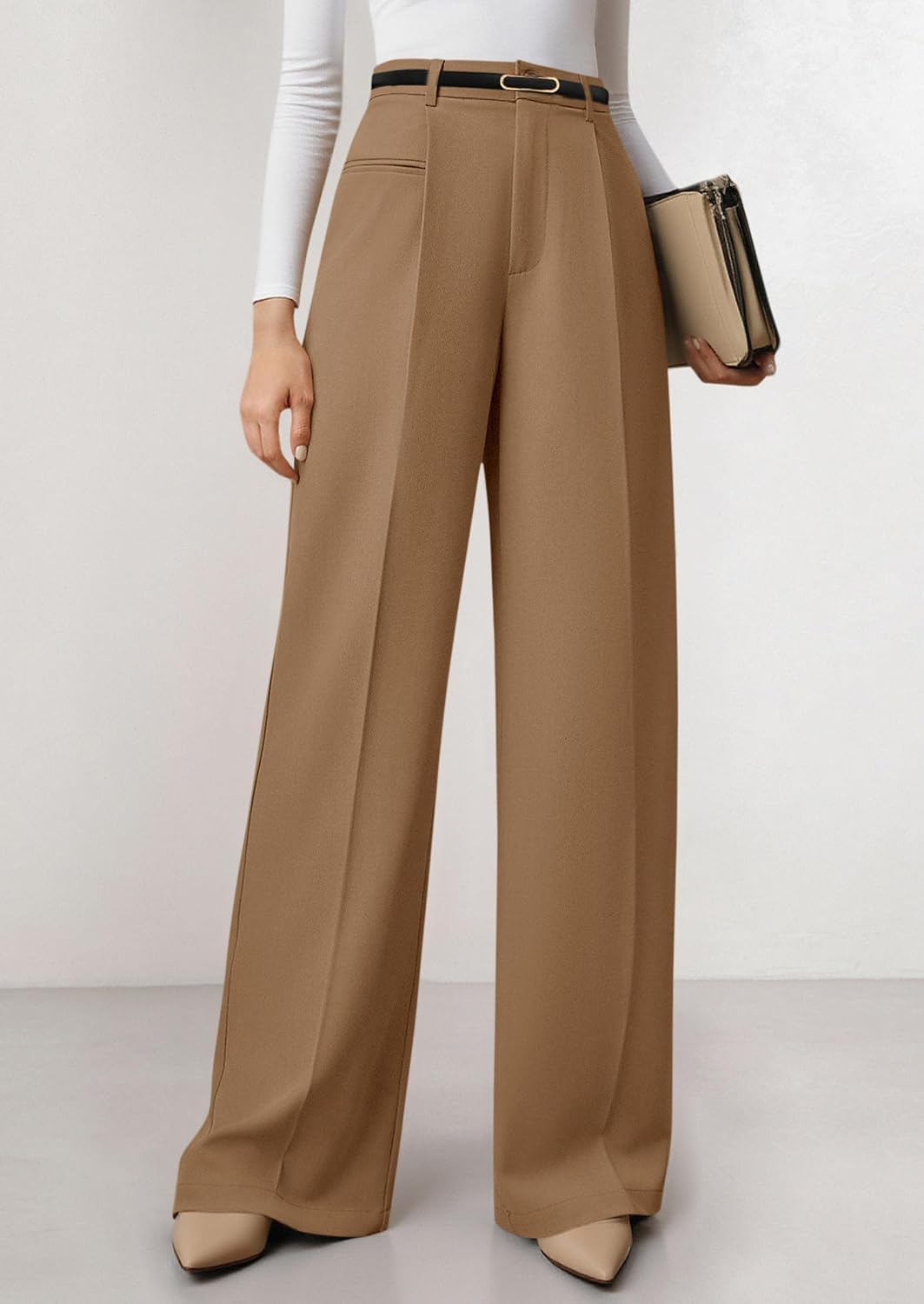 PRETTYGARDEN Womens Wide Leg Dress Pants 2026 Business Casual Flowy Work Palazzo Pants High Waisted Slacks Trousers Khaki Medium