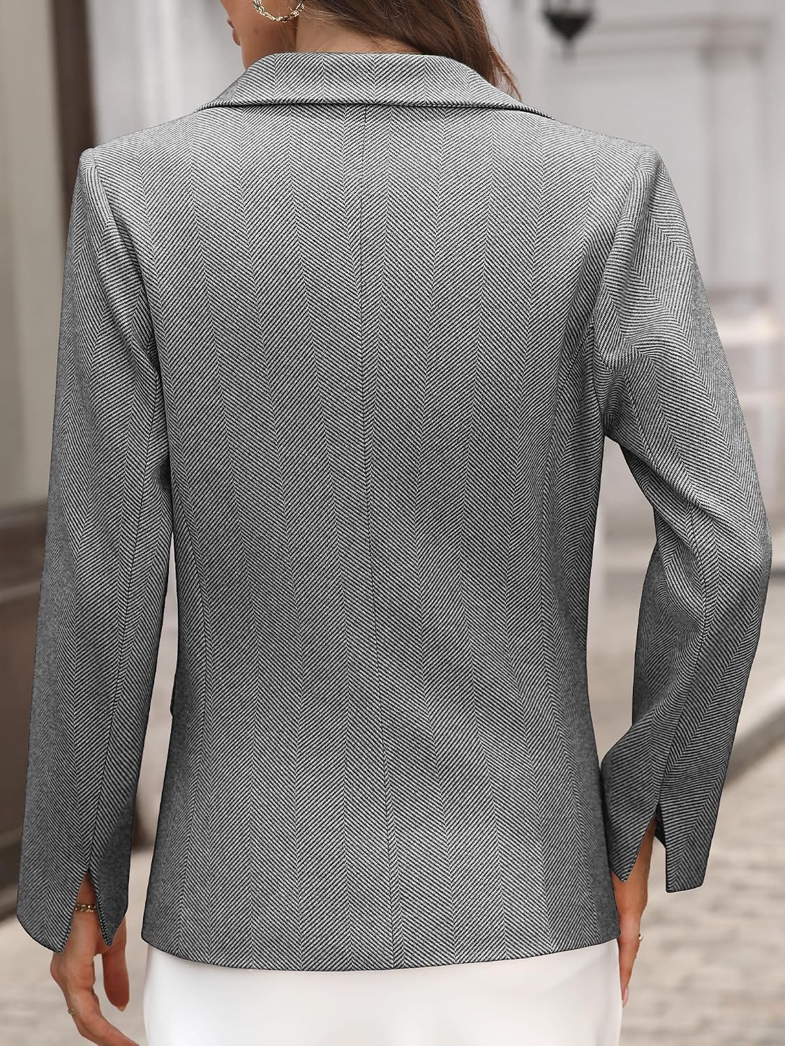 ELLEVEN Women’s Herringbone Tweed Blazer – Slim Fit Business Casual Work Jacket with Flap Pockets